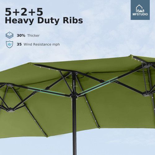 15ft Double Sided Patio Umbrella with Solar Lights, Outdoor Large Umbrellas with Crank Handle and 36 LED Lights, Rectangular Market Umbrella with Base Included for Deck Pool Shade, Lime Green