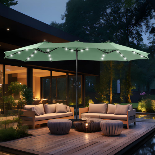 15ft Double Sided Patio Umbrella with Solar Lights, Outdoor Large Umbrellas with Crank Handle and 36 LED Lights, Rectangular Market Umbrella with Base Included for Deck Pool Shade, Mint Green