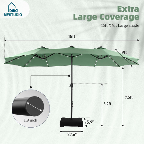 15ft Double Sided Patio Umbrella with Solar Lights, Outdoor Large Umbrellas with Crank Handle and 36 LED Lights, Rectangular Market Umbrella with Base Included for Deck Pool Shade, Mint Green