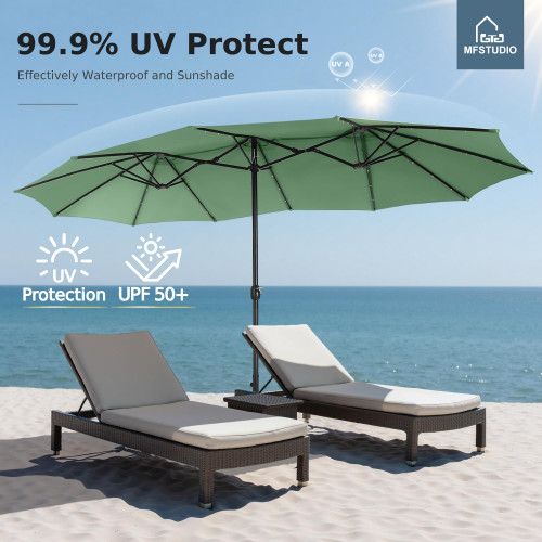 15ft Double Sided Patio Umbrella with Solar Lights, Outdoor Large Umbrellas with Crank Handle and 36 LED Lights, Rectangular Market Umbrella with Base Included for Deck Pool Shade, Mint Green