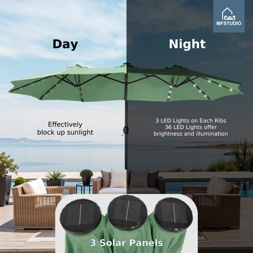 15ft Double Sided Patio Umbrella with Solar Lights, Outdoor Large Umbrellas with Crank Handle and 36 LED Lights, Rectangular Market Umbrella with Base Included for Deck Pool Shade, Mint Green
