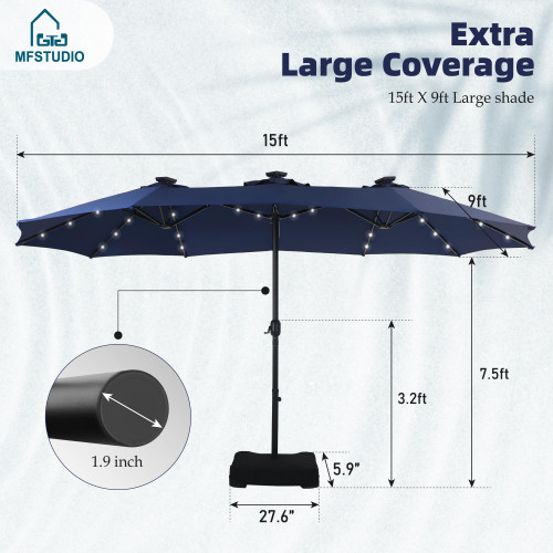 15ft Double Sided Patio Umbrella with Solar Lights, Outdoor Large Umbrellas with Crank Handle and 36 LED Lights, Rectangular Market Umbrella with Base Included for Deck Pool Shade, Navy Blue