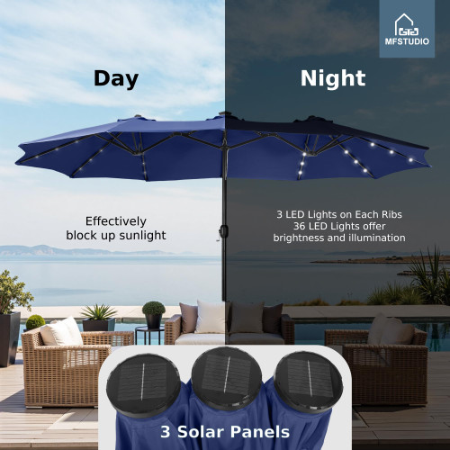 15ft Double Sided Patio Umbrella with Solar Lights, Outdoor Large Umbrellas with Crank Handle and 36 LED Lights, Rectangular Market Umbrella with Base Included for Deck Pool Shade, Navy Blue