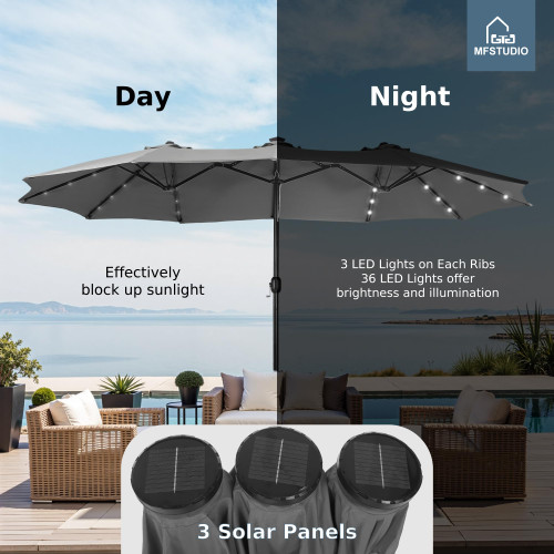 15ft Double Sided Patio Umbrella with Solar Lights, Outdoor Large Umbrellas with Crank Handle and 36 LED Lights, Rectangular Market Umbrella with Base Included for Deck Pool Shade, Smoky Gray