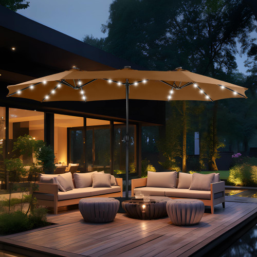 15ft Double Sided Patio Umbrella with Solar Lights, Outdoor Large Umbrellas with Crank Handle and 36 LED Lights, Rectangular Market Umbrella with Base Included for Deck Pool Shade, Tawny