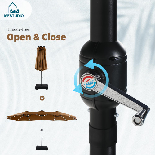 15ft Double Sided Patio Umbrella with Solar Lights, Outdoor Large Umbrellas with Crank Handle and 36 LED Lights, Rectangular Market Umbrella with Base Included for Deck Pool Shade, Tawny