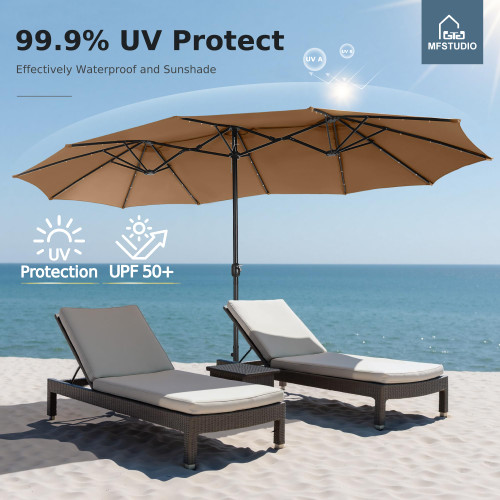 15ft Double Sided Patio Umbrella with Solar Lights, Outdoor Large Umbrellas with Crank Handle and 36 LED Lights, Rectangular Market Umbrella with Base Included for Deck Pool Shade, Tawny