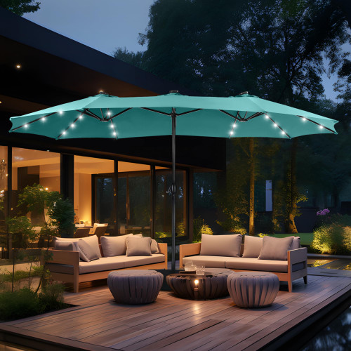 15ft Double Sided Patio Umbrella with Solar Lights, Outdoor Large Umbrellas with Crank Handle and 36 LED Lights, Rectangular Market Umbrella with Base Included for Deck Pool Shade, Turquoise
