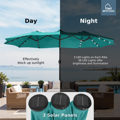 15ft Double Sided Patio Umbrella with Solar Lights, Outdoor Large Umbrellas with Crank Handle and 36 LED Lights, Rectangular Market Umbrella with Base Included for Deck Pool Shade, Turquoise