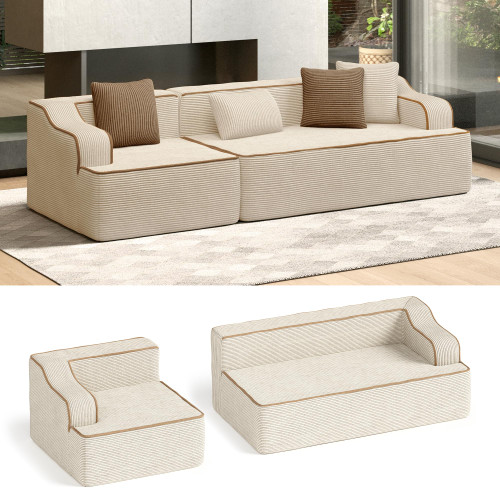 105" Cloud Sectional Couch, Modular Upholstered Sofa with Wide Armrest, Corduroy Boneless Couches with 4 Throw Pillows for Living Room, No Assembly Required, Beige