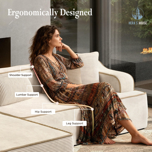 105" Cloud Sectional Couch, Modular Upholstered Sofa with L-Shaped Chaise, Corduroy Boneless Couches with Wide Armrest and 5 Throw Pillows for Living Room, No Assembly Required, Beige