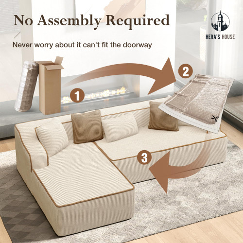 105" Cloud Sectional Couch, Modular Upholstered Sofa with L-Shaped Chaise, Corduroy Boneless Couches with Wide Armrest and 5 Throw Pillows for Living Room, No Assembly Required, Beige