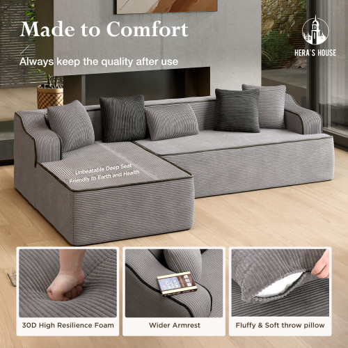 105" Cloud Sectional Couch, Modular Upholstered Sofa with L-Shaped Chaise, Corduroy Boneless Couches with Wide Armrest and 5 Throw Pillows for Living Room, No Assembly Required, Grey