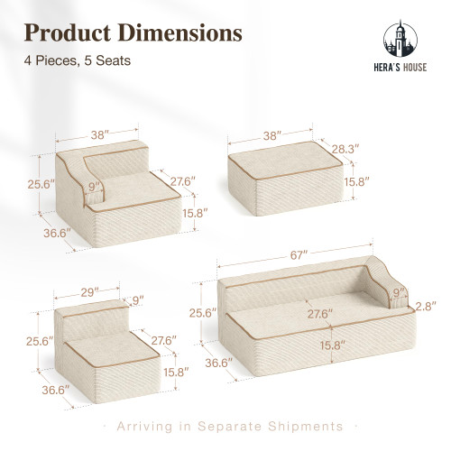 134" Cloud Sectional Couch, L-Shaped Modular Upholstered Sofa with Ottoman, Corduroy Boneless Couches with Wide Armrest and 5 Throw Pillows for Living Room, No Assembly Required, Beige