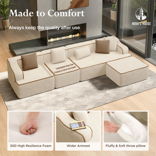 134" Cloud Sectional Couch, L-Shaped Modular Upholstered Sofa with Ottoman, Corduroy Boneless Couches with Wide Armrest and 5 Throw Pillows for Living Room, No Assembly Required, Beige