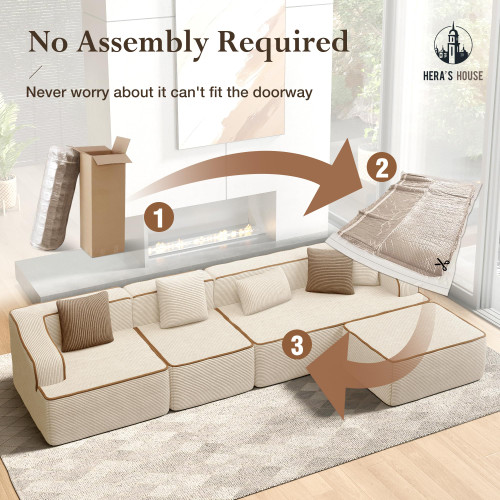 134" Cloud Sectional Couch, L-Shaped Modular Upholstered Sofa with Ottoman, Corduroy Boneless Couches with Wide Armrest and 5 Throw Pillows for Living Room, No Assembly Required, Beige