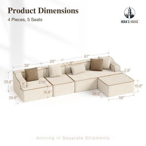 134" Cloud Sectional Couch, L-Shaped Modular Upholstered Sofa with Ottoman, Corduroy Boneless Couches with Wide Armrest and 5 Throw Pillows for Living Room, No Assembly Required, Beige