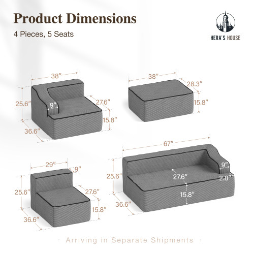 134" Cloud Sectional Couch, L-Shaped Modular Upholstered Sofa with Ottoman, Corduroy Boneless Couches with Wide Armrest and 5 Throw Pillows for Living Room, No Assembly Required, Grey