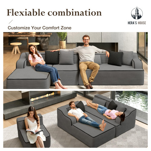134" Cloud Sectional Couch, L-Shaped Modular Upholstered Sofa with Ottoman, Corduroy Boneless Couches with Wide Armrest and 5 Throw Pillows for Living Room, No Assembly Required, Grey