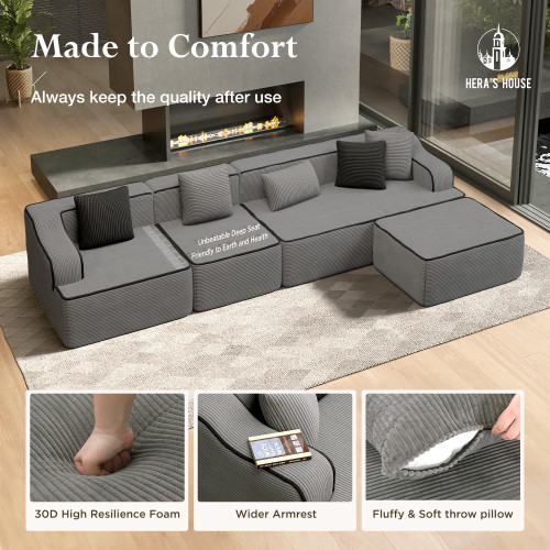 134" Cloud Sectional Couch, L-Shaped Modular Upholstered Sofa with Ottoman, Corduroy Boneless Couches with Wide Armrest and 5 Throw Pillows for Living Room, No Assembly Required, Grey