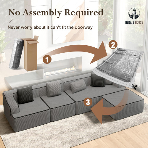 134" Cloud Sectional Couch, L-Shaped Modular Upholstered Sofa with Ottoman, Corduroy Boneless Couches with Wide Armrest and 5 Throw Pillows for Living Room, No Assembly Required, Grey