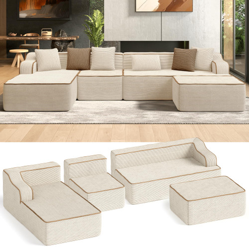 134" Cloud Sectional Couch, U-Shaped Modular Upholstered Sofa with Ottoman, Corduroy Boneless Couches with Wide Armrest and 6 Throw Pillows for Living Room, No Assembly Required, Beige