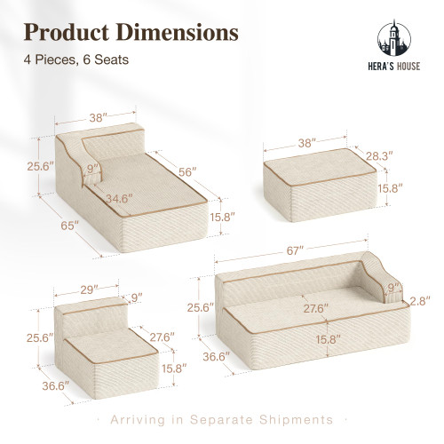 134" Cloud Sectional Couch, U-Shaped Modular Upholstered Sofa with Ottoman, Corduroy Boneless Couches with Wide Armrest and 6 Throw Pillows for Living Room, No Assembly Required, Beige