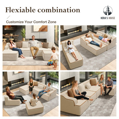 134" Cloud Sectional Couch, U-Shaped Modular Upholstered Sofa with Ottoman, Corduroy Boneless Couches with Wide Armrest and 6 Throw Pillows for Living Room, No Assembly Required, Beige