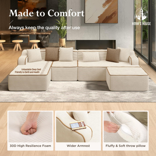 134" Cloud Sectional Couch, U-Shaped Modular Upholstered Sofa with Ottoman, Corduroy Boneless Couches with Wide Armrest and 6 Throw Pillows for Living Room, No Assembly Required, Beige
