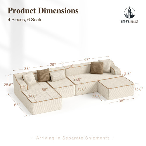 134" Cloud Sectional Couch, U-Shaped Modular Upholstered Sofa with Ottoman, Corduroy Boneless Couches with Wide Armrest and 6 Throw Pillows for Living Room, No Assembly Required, Beige