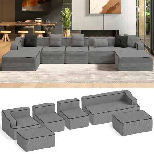 163" Cloud Sectional Couch, Oversized U-Shaped Modular Upholstered Sofa with Ottomans, Corduroy Boneless Couches with 6 Throw Pillows for Living Room, No Assembly Required, Grey