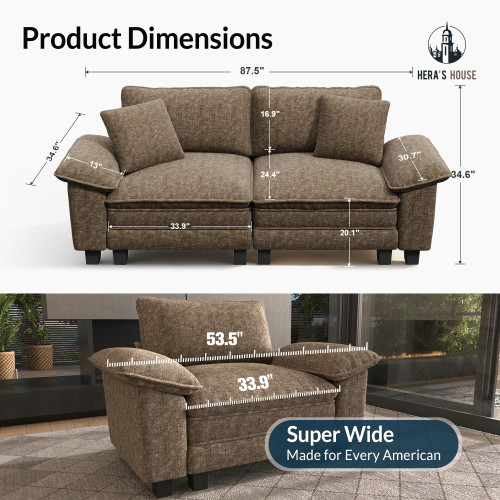 88" Modular Sectional Sofa, Loveseat Couches for Living Room, Comfy Cloud Couch 2-Seater Deep Seat Sofa with Throw Pillow, Chenille Taupe