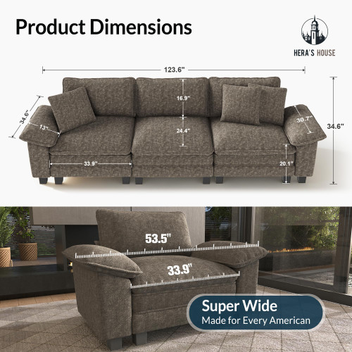 124" Modular Sectional Sofa, Oversized Couches for Living Room, Comfy Cloud Couch 3-Seater Deep Seat Sofa with Throw Pillow, Chenille Ash