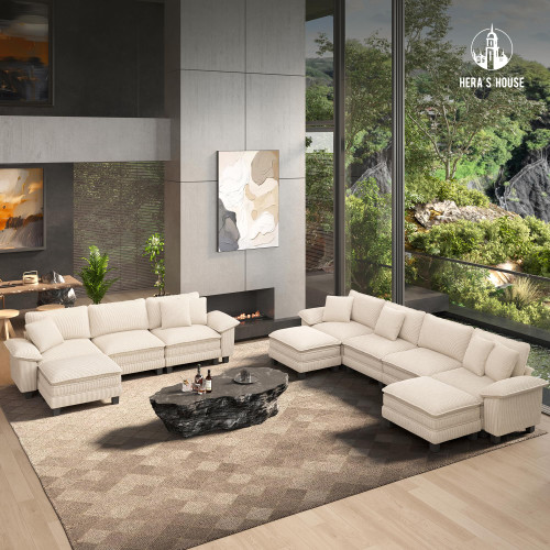 124" Modular Sectional Sofa, Oversized Couches for Living Room, Comfy Cloud Couch 3-Seater Deep Seat Sofa with Throw Pillow, Corduroy Beige