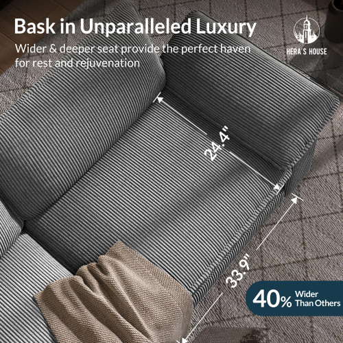 124" Modular Sectional Sofa, Oversized Couches for Living Room, Comfy Cloud Couch 3-Seater Deep Seat Sofa with Throw Pillow, Corduroy Grey