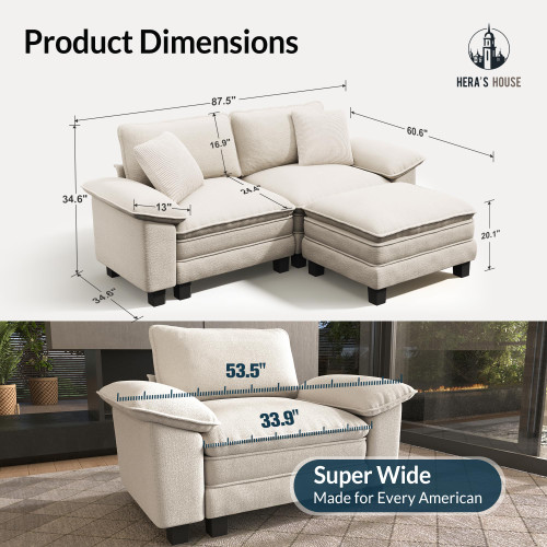 88" Modular Sectional Sofa, L Shaped Couches for Living Room, Comfy Cloud Couch with Ottoman, 3-Seater Deep Seat Sofa with Throw Pillow, Chenille Beige