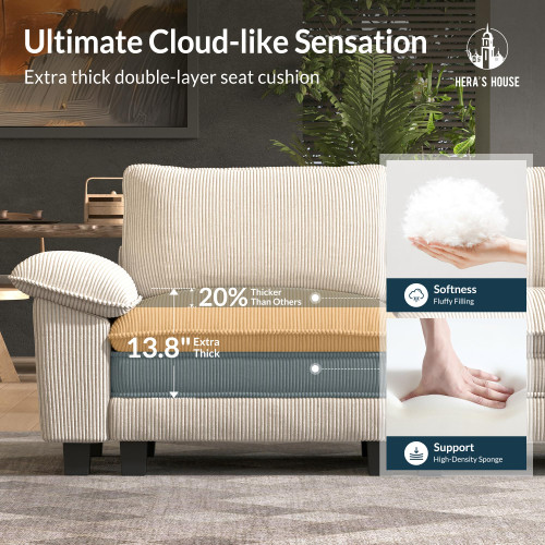88" Modular Sectional Sofa, L Shaped Couches for Living Room, Comfy Cloud Couch with Ottoman, 3-Seater Deep Seat Sofa with Throw Pillow, Corduroy Beige