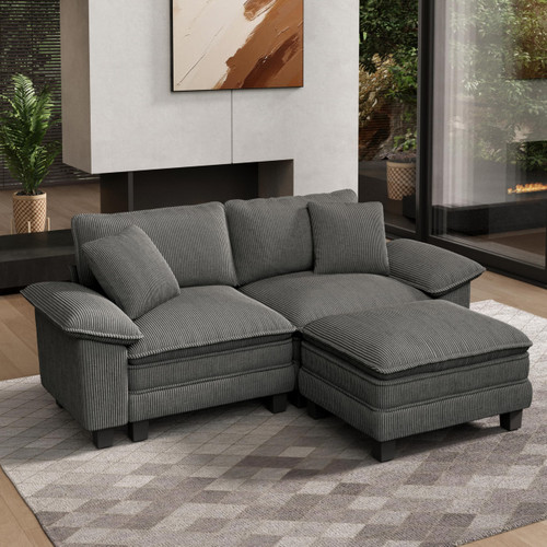 88" Modular Sectional Sofa, L Shaped Couches for Living Room, Comfy Cloud Couch with Ottoman, 3-Seater Deep Seat Sofa with Throw Pillow, Corduroy Grey