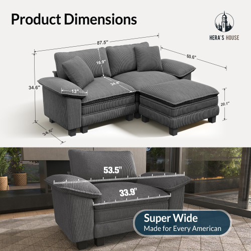 88" Modular Sectional Sofa, L Shaped Couches for Living Room, Comfy Cloud Couch with Ottoman, 3-Seater Deep Seat Sofa with Throw Pillow, Corduroy Grey