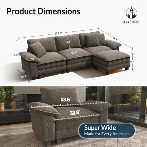 124" Modular Sectional Sofa, Oversized L Shaped Couches for Living Room, Comfy Cloud Couch with Ottoman, 4-Seater Deep Seat Sofa with Throw Pillow, Chenille Ash