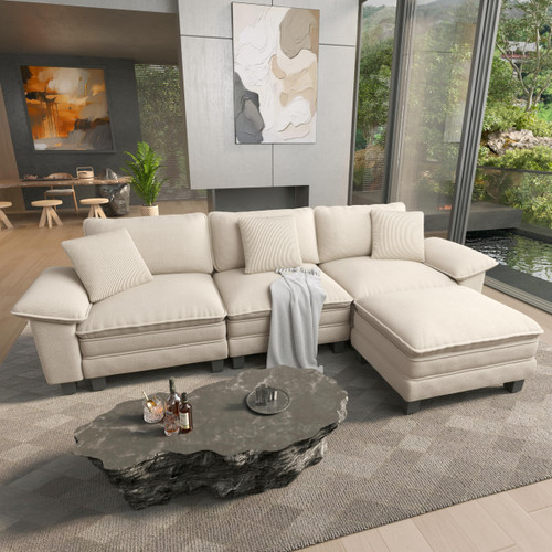 124" Modular Sectional Sofa, Oversized L Shaped Couches for Living Room, Comfy Cloud Couch with Ottoman, 4-Seater Deep Seat Sofa with Throw Pillow, Chenille Beige