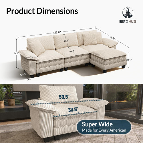 124" Modular Sectional Sofa, Oversized L Shaped Couches for Living Room, Comfy Cloud Couch with Ottoman, 4-Seater Deep Seat Sofa with Throw Pillow, Corduroy Beige