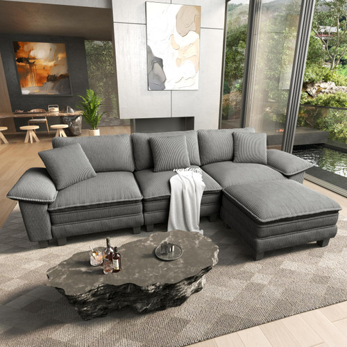 124" Modular Sectional Sofa, Oversized L Shaped Couches for Living Room, Comfy Cloud Couch with Ottoman, 4-Seater Deep Seat Sofa with Throw Pillow, Corduroy Grey