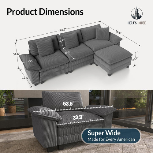 124" Modular Sectional Sofa, Oversized L Shaped Couches for Living Room, Comfy Cloud Couch with Ottoman, 4-Seater Deep Seat Sofa with Throw Pillow, Corduroy Grey