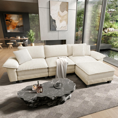 124" Modular Sectional Sofa, Oversized L Shaped Couches for Living Room, Comfy Cloud Couch with Ottoman, 4-Seater Deep Seat Sofa with Throw Pillow, Corduroy and Chenille Beige