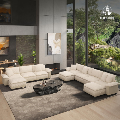 124" Modular Sectional Sofa, Oversized L Shaped Couches for Living Room, Comfy Cloud Couch with Ottoman, 4-Seater Deep Seat Sofa with Throw Pillow, Corduroy and Chenille Beige