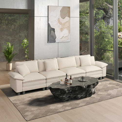 158" Modular Sectional Sofa, Oversized Couches for Living Room, Comfy Cloud Couch 4-Seater Deep Seat Sofa with Throw Pillow, Corduroy Beige