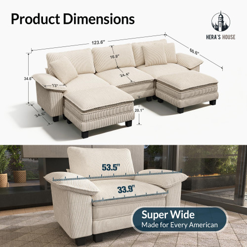 124" Modular Sectional Sofa, Oversized U Shaped Couches for Living Room, Comfy Cloud Couch with Ottoman, 5-Seater Deep Seat Sofa with Throw Pillow, Corduroy Beige