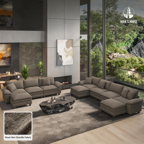 158" Modular Sectional Sofa, Oversized L Shaped Couches for Living Room, Comfy Cloud Couch with Ottoman, 5-Seater Deep Seat Sofa with Throw Pillow, Chenille Ash