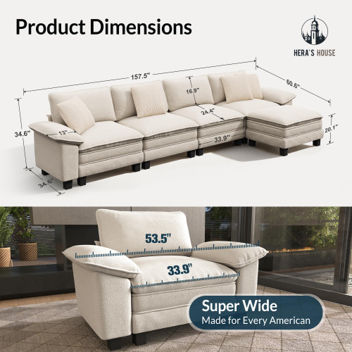 158" Modular Sectional Sofa, Oversized L Shaped Couches for Living Room, Comfy Cloud Couch with Ottoman, 5-Seater Deep Seat Sofa with Throw Pillow, Chenille Beige